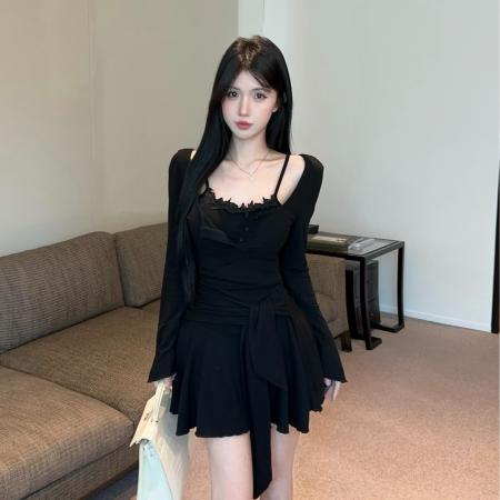 FA41651# 设计感吊带花边连衣裙气质纯欲收腰假两件短裙 服裝批發女裝批發服飾貨源