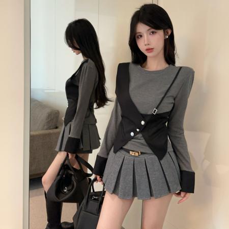 FA41653# 冬季新款别致设计感假两件修身气质百搭长袖上衣女 服裝批發女裝批發服飾貨源