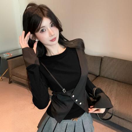 FA41653# 冬季新款别致设计感假两件修身气质百搭长袖上衣女 服裝批發女裝批發服飾貨源