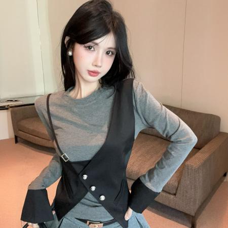 FA41653# 冬季新款别致设计感假两件修身气质百搭长袖上衣女 服裝批發女裝批發服飾貨源