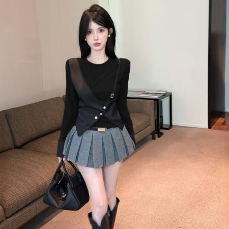 FA41653# 冬季新款别致设计感假两件修身气质百搭长袖上衣女 服裝批發女裝批發服飾貨源