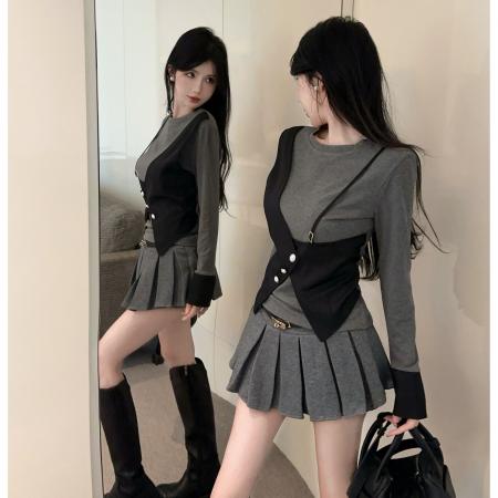 FA41653# 冬季新款别致设计感假两件修身气质百搭长袖上衣女 服裝批發女裝批發服飾貨源