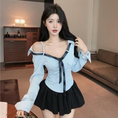 FA41654# 辣妹斜肩领带衬衫小个子纯欲显瘦收腰露肩上衣 服裝批發女裝批發服飾貨源