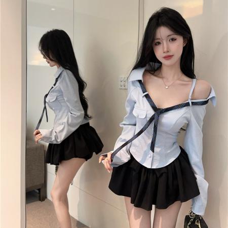 FA41654# 辣妹斜肩领带衬衫小个子纯欲显瘦收腰露肩上衣 服裝批發女裝批發服飾貨源