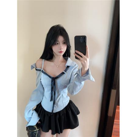 FA41654# 辣妹斜肩领带衬衫小个子纯欲显瘦收腰露肩上衣 服裝批發女裝批發服飾貨源