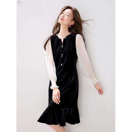 FA41655# 赫本风假两件连衣裙女秋季新款气质优雅约会鱼尾裙 服裝批發女裝批發服飾貨源