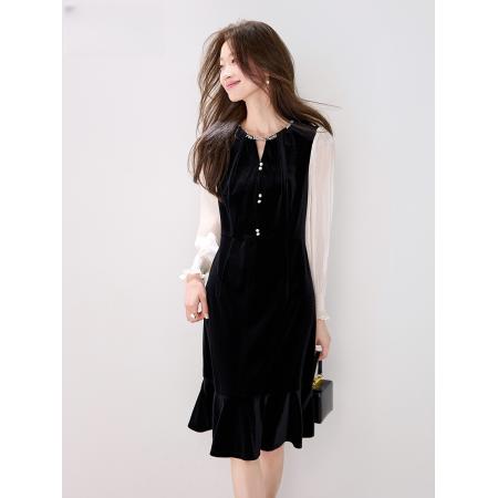 FA41655# 赫本风假两件连衣裙女秋季新款气质优雅约会鱼尾裙 服裝批發女裝批發服飾貨源
