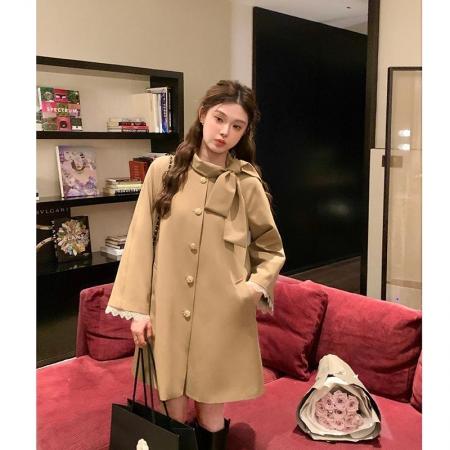 FA41662# 法式千金风蝴蝶结飘带风衣外套女小个子卡其色大衣早秋穿搭 服裝批發女裝批發服飾貨源