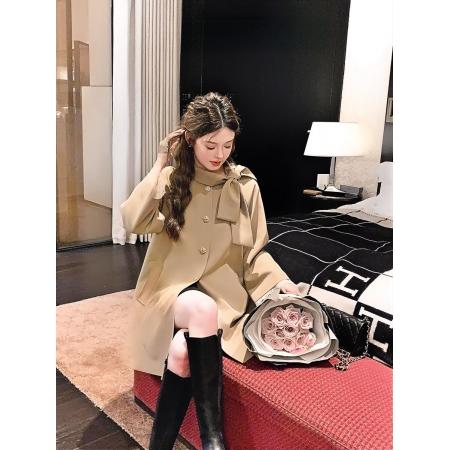 FA41662# 法式千金风蝴蝶结飘带风衣外套女小个子卡其色大衣早秋穿搭 服裝批發女裝批發服飾貨源