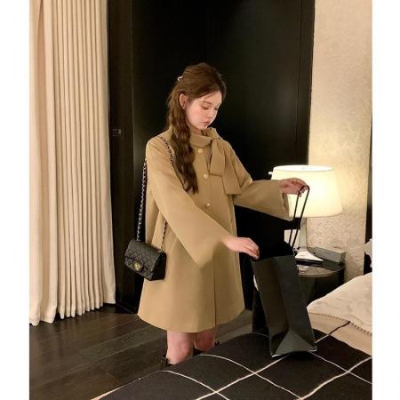 FA41662# 法式千金风蝴蝶结飘带风衣外套女小个子卡其色大衣早秋穿搭 服裝批發女裝批發服飾貨源