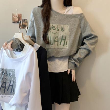 FA41663# 大码秋季韩版设计感吊带假两件显瘦百搭斜肩卫衣上衣女 服裝批發女裝批發服飾貨源