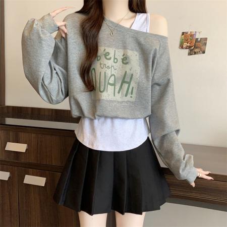 FA41663# 大码秋季韩版设计感吊带假两件显瘦百搭斜肩卫衣上衣女 服裝批發女裝批發服飾貨源