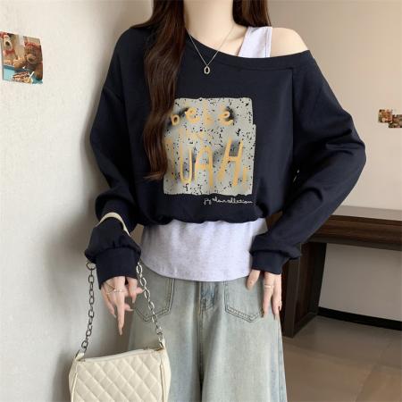FA41663# 大码秋季韩版设计感吊带假两件显瘦百搭斜肩卫衣上衣女 服裝批發女裝批發服飾貨源