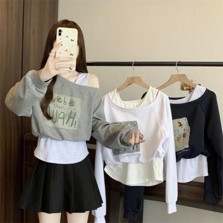 FA41663# 大码秋季韩版设计感吊带假两件显瘦百搭斜肩卫衣上衣女 服裝批發女裝批發服飾貨源