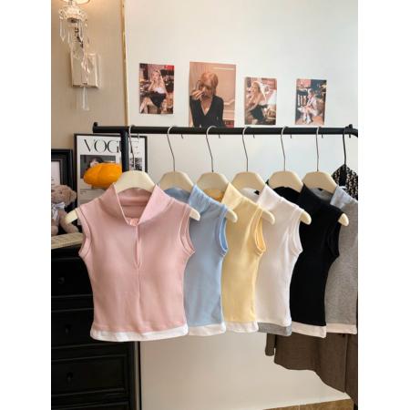 FA41672# 辣妹假两件polo领T恤修身百搭带胸垫无袖上衣 服裝批發女裝批發服飾貨源