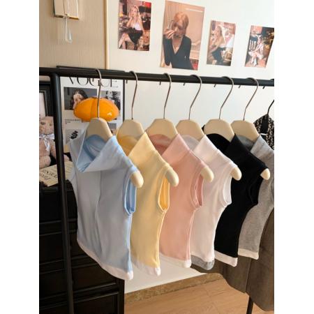 FA41672# 辣妹假两件polo领T恤修身百搭带胸垫无袖上衣 服裝批發女裝批發服飾貨源