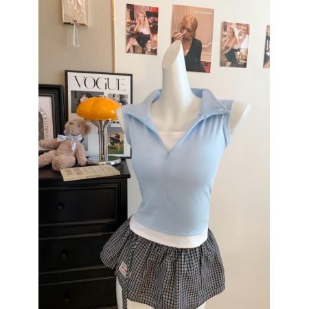 FA41672# 辣妹假两件polo领T恤修身百搭带胸垫无袖上衣 服裝批發女裝批發服飾貨源