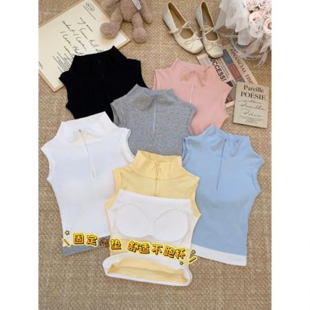 FA41672# 辣妹假两件polo领T恤修身百搭带胸垫无袖上衣 服裝批發女裝批發服飾貨源