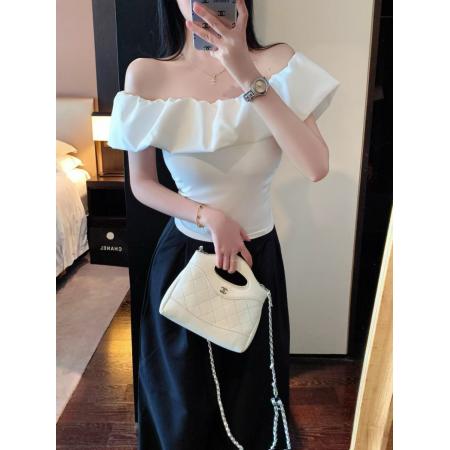 FA41673# 甜辣露肩荷叶边T恤一字领修身上衣显瘦打底衫 服裝批發女裝批發服飾貨源