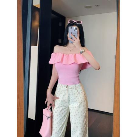 FA41673# 甜辣露肩荷叶边T恤一字领修身上衣显瘦打底衫 服裝批發女裝批發服飾貨源