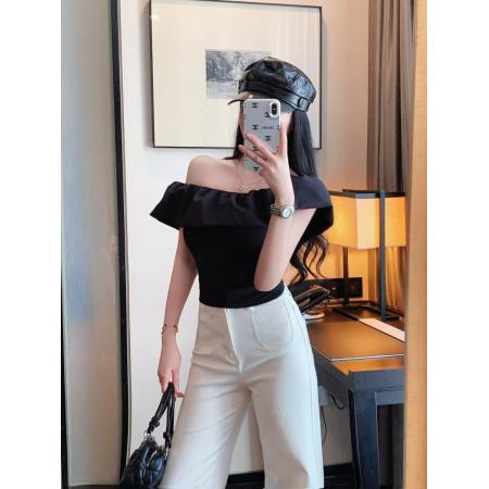 FA41673# 甜辣露肩荷叶边T恤一字领修身上衣显瘦打底衫 服裝批發女裝批發服飾貨源
