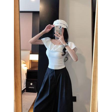 FA41673# 甜辣露肩荷叶边T恤一字领修身上衣显瘦打底衫 服裝批發女裝批發服飾貨源