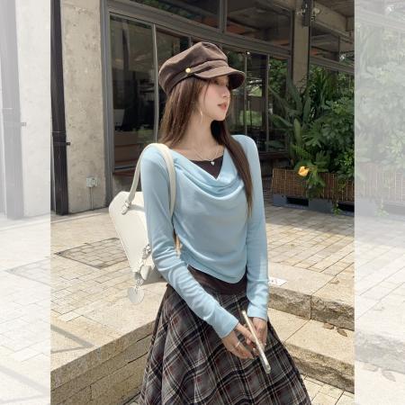 FA41682# 荡领撞色拼接假两件长袖T恤女秋季内搭抽褶修身显瘦上衣 服裝批發女裝批發服飾貨源