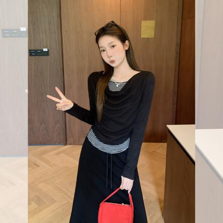 FA41682# 荡领撞色拼接假两件长袖T恤女秋季内搭抽褶修身显瘦上衣 服裝批發女裝批發服飾貨源