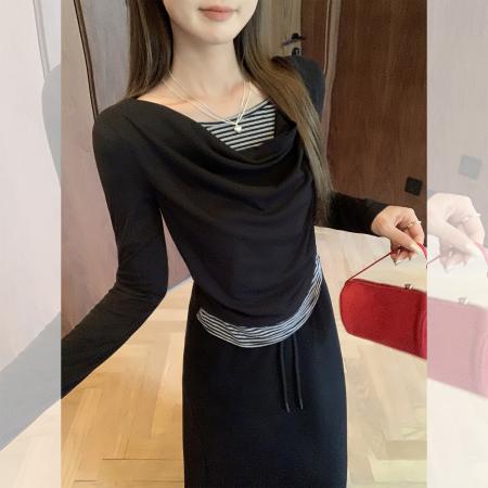 FA41682# 荡领撞色拼接假两件长袖T恤女秋季内搭抽褶修身显瘦上衣 服裝批發女裝批發服飾貨源