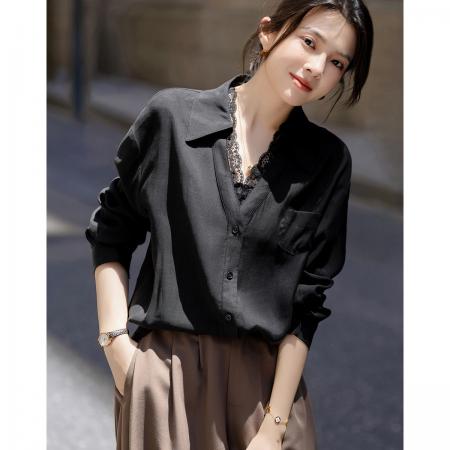 FA41687# 秋季韩风衬衫蕾丝花边V字翻领气质衬衣女装上衣 服裝批發女裝批發服飾貨源