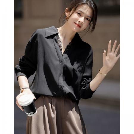 FA41687# 秋季韩风衬衫蕾丝花边V字翻领气质衬衣女装上衣 服裝批發女裝批發服飾貨源