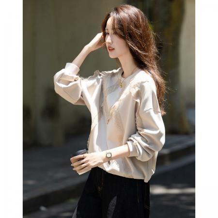 FA41688# 透氧云朵秋季气质圆领蕾丝宽松弹力藏肉小个子卫衣女上衣 服裝批發女裝批發服飾貨源