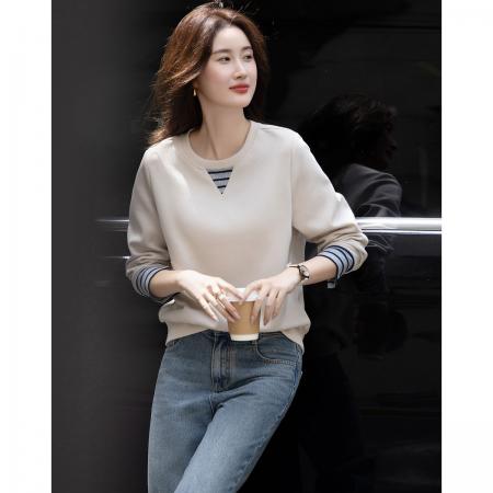 FA41689# 清新云朵棉秋季慵懒宽松藏肉时髦罗纹撞色袖口卫衣 服裝批發女裝批發服飾貨源