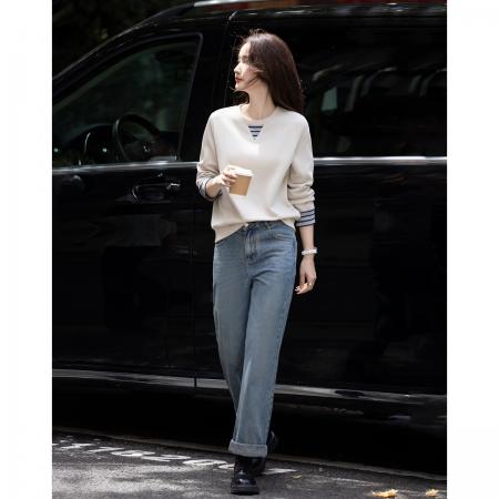 FA41689# 清新云朵棉秋季慵懒宽松藏肉时髦罗纹撞色袖口卫衣 服裝批發女裝批發服飾貨源