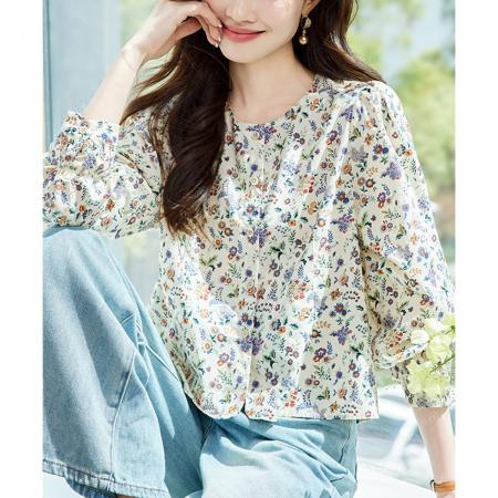 FA41692# 小个子设计感碎花衬衫女夏季田园风上衣宽松休闲圆领衬衣 服裝批發女裝批發服飾貨源