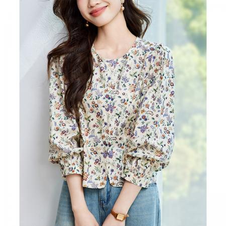 FA41692# 小个子设计感碎花衬衫女夏季田园风上衣宽松休闲圆领衬衣 服裝批發女裝批發服飾貨源