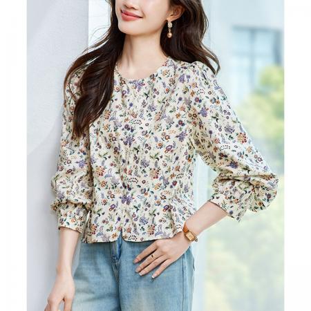 FA41692# 小个子设计感碎花衬衫女夏季田园风上衣宽松休闲圆领衬衣 服裝批發女裝批發服飾貨源