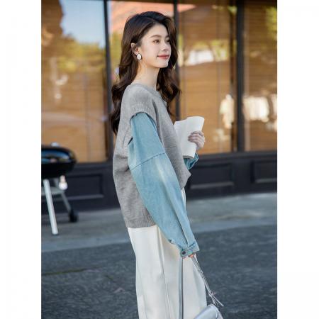 FA41693# 牛仔袖拼接假两件毛衣秋季高级感时尚减龄百搭宽松针织衫上衣 服裝批發女裝批發服飾貨源