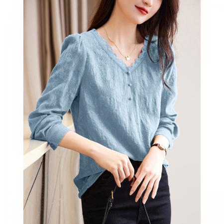 FA41697# 肌理感花边女衬衫秋季新款复古气质中国红长袖女衬衫 服裝批發女裝批發服飾貨源