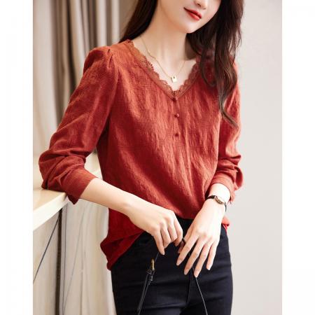 FA41697# 肌理感花边女衬衫秋季新款复古气质中国红长袖女衬衫 服裝批發女裝批發服飾貨源
