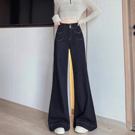 FA41700# 丹宁蓝牛仔喇叭裤女秋季原色双扣不贴腿高腰深蓝微喇裤子 服裝批發女裝批發服飾貨源