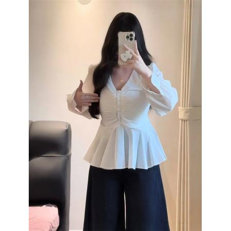 FA41704# 大码女装法式收褶V领白色衬衫秋季微胖MM高级感洋气减龄气质上衣 服裝批發女裝批發服飾貨源