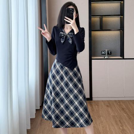 FA41714# 新款大码法式拼接减龄格纹拼接显瘦假两件连衣裙 服裝批發女裝批發服飾貨源