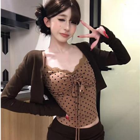 FA41718# 波点雅棕显瘦遮肉修身收腰蝴蝶结吊带开衫套装 服裝批發女裝批發服飾貨源