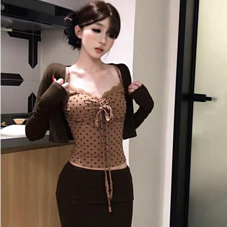 FA41718# 波点雅棕显瘦遮肉修身收腰蝴蝶结吊带开衫套装 服裝批發女裝批發服飾貨源