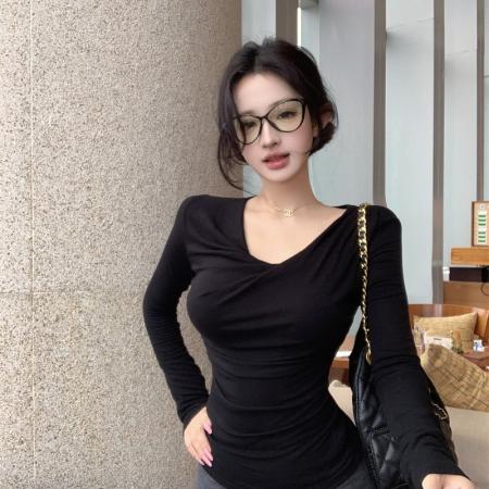 FA41728# 显瘦高弹捏褶修身长袖打底衫百搭T恤上衣秋 服裝批發女裝批發服飾貨源