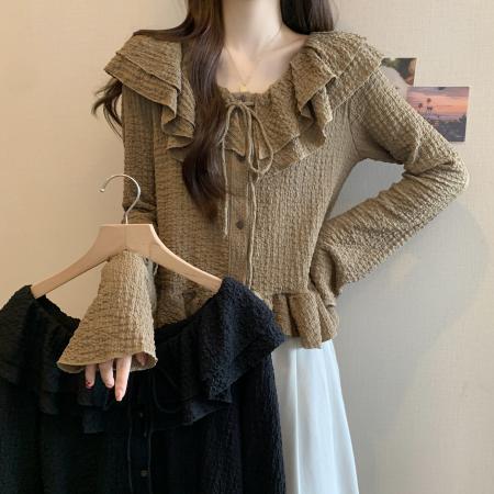 FA41732# 大码女装新款法式荷叶边蝴蝶结衬衫别致收腰显瘦上衣 服裝批發女裝批發服飾貨源