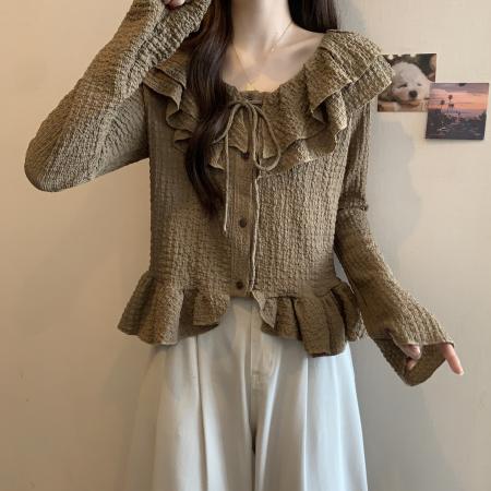 FA41732# 大码女装新款法式荷叶边蝴蝶结衬衫别致收腰显瘦上衣 服裝批發女裝批發服飾貨源