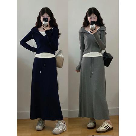 FA41734# 大码女装秋季新款休闲风慵懒风时尚连帽半身裙套装 服裝批發女裝批發服飾貨源