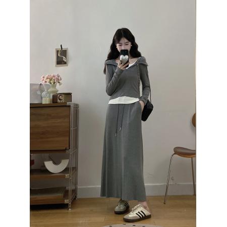 FA41734# 大码女装秋季新款休闲风慵懒风时尚连帽半身裙套装 服裝批發女裝批發服飾貨源
